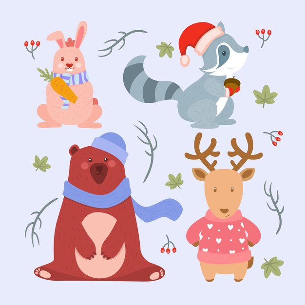 Colección animales planos de invierno