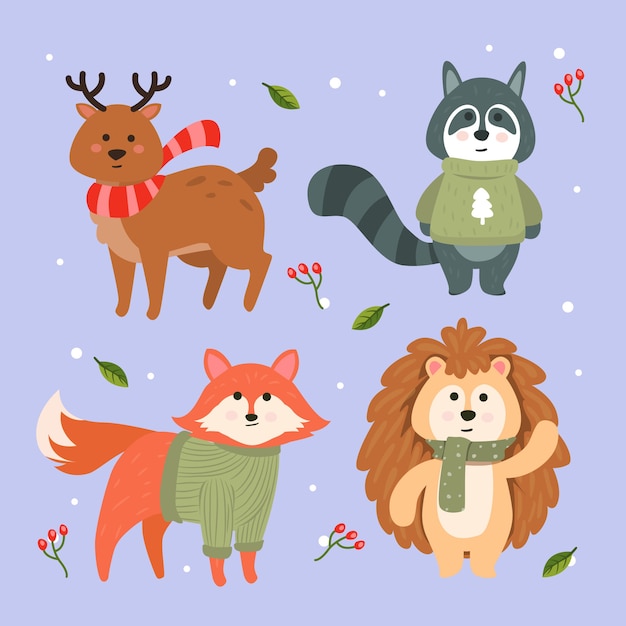 Colección animales planos de invierno