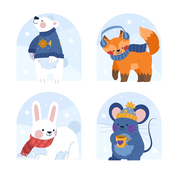 Colección animales planos de invierno