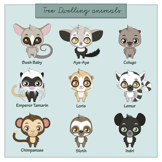 Colección de animales que viven en los árboles