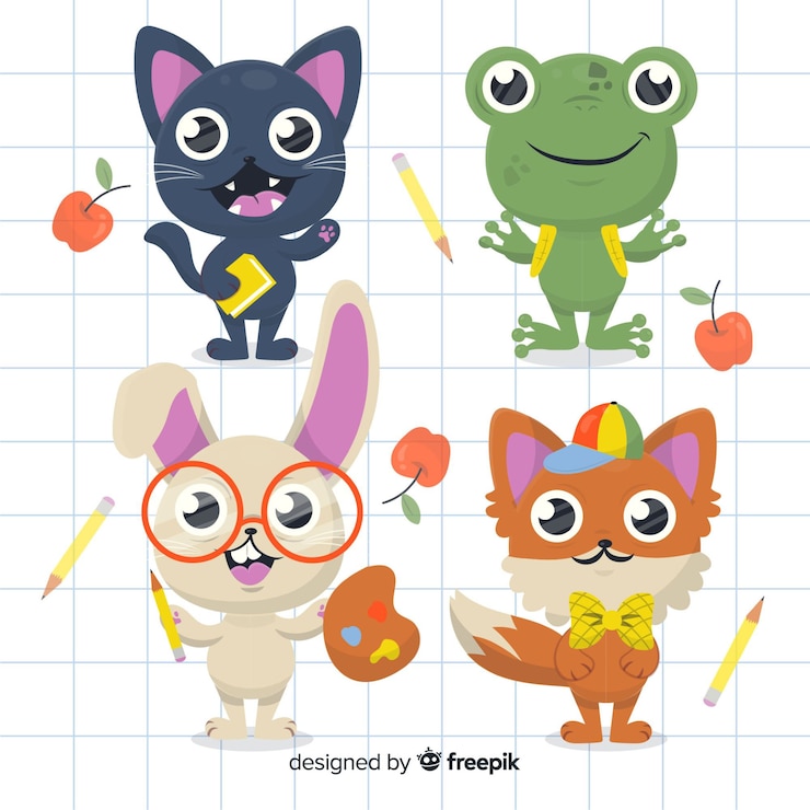 Vector gratuito colección de animales de regreso a la escuela con lindo gato