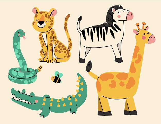 Colección de animales salvajes dibujados a mano
