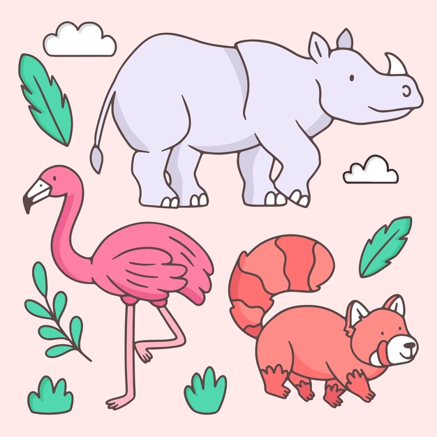 Colección de animales salvajes dibujados a mano
