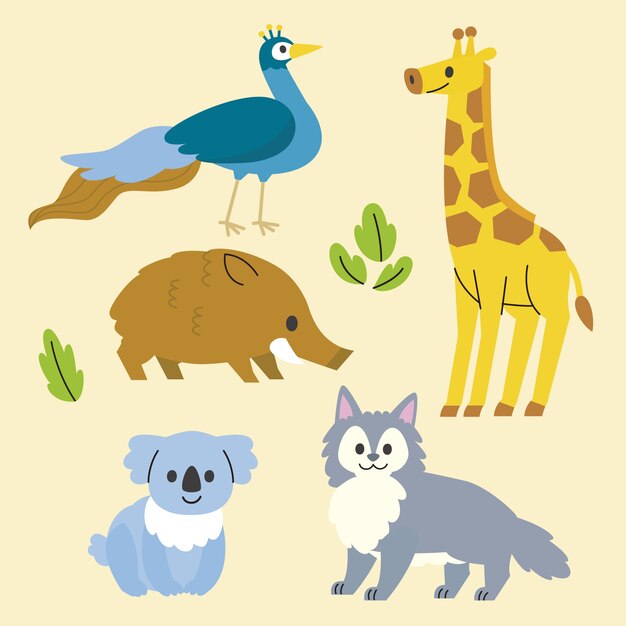 Colección de animales salvajes dibujados a mano