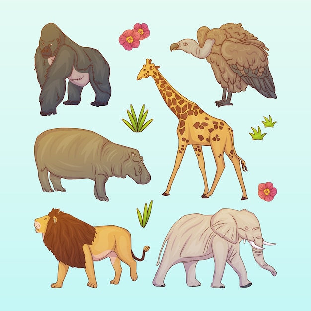 Colección de animales salvajes dibujados a mano