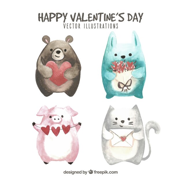 Colección de animales de san valentin dibujados a mano