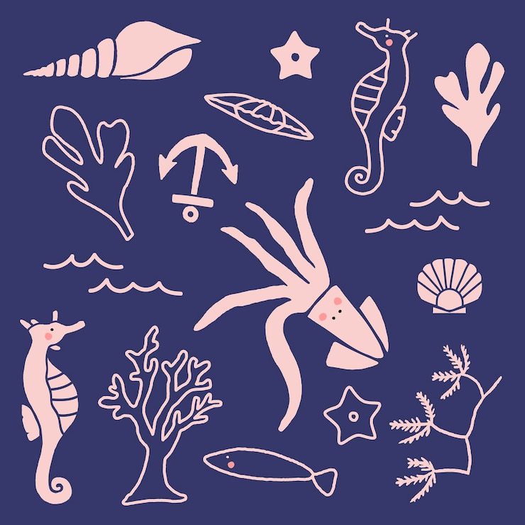 Vector gratuito colección de animales submarinos dibujados a mano