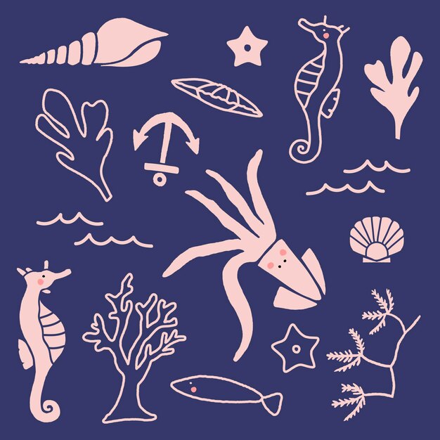 Colección de animales submarinos dibujados a mano