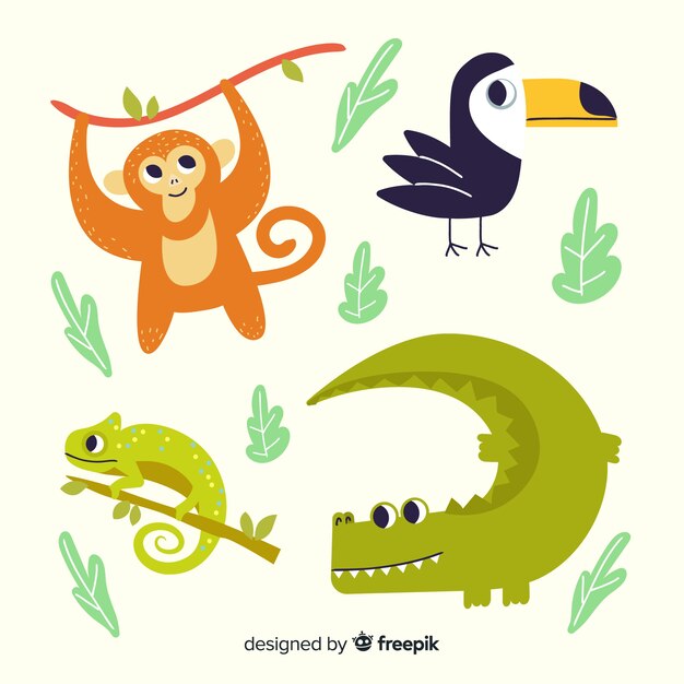 Colección de animales tropicales dibujados a mano.