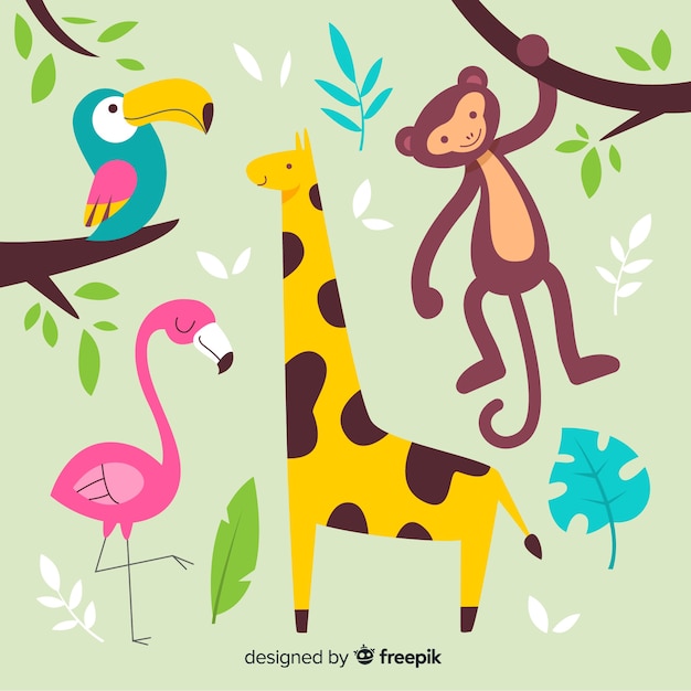 Vector gratuito colección de animales tropicales dibujados a mano