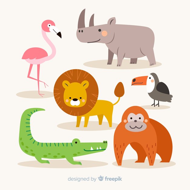Colección de animales tropicales en diseño plano