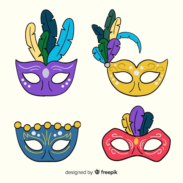 Vector gratuito colección de antifaces de carnaval dibujado a mano