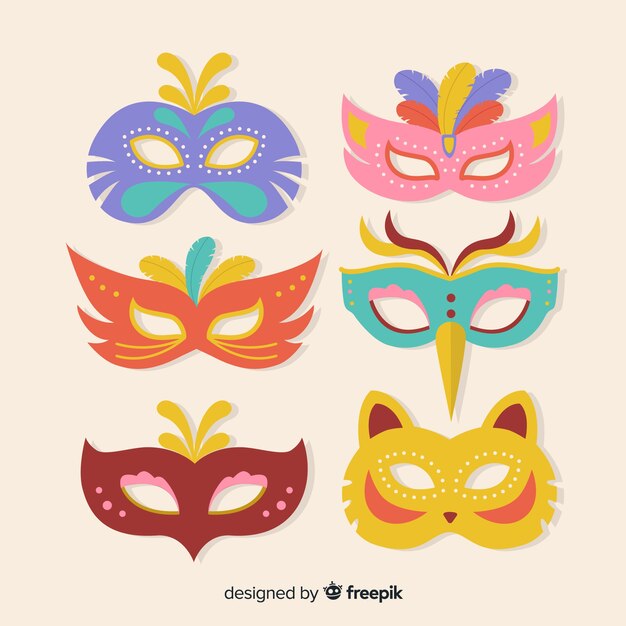 Colección de antifaces de carnaval en diseño plano