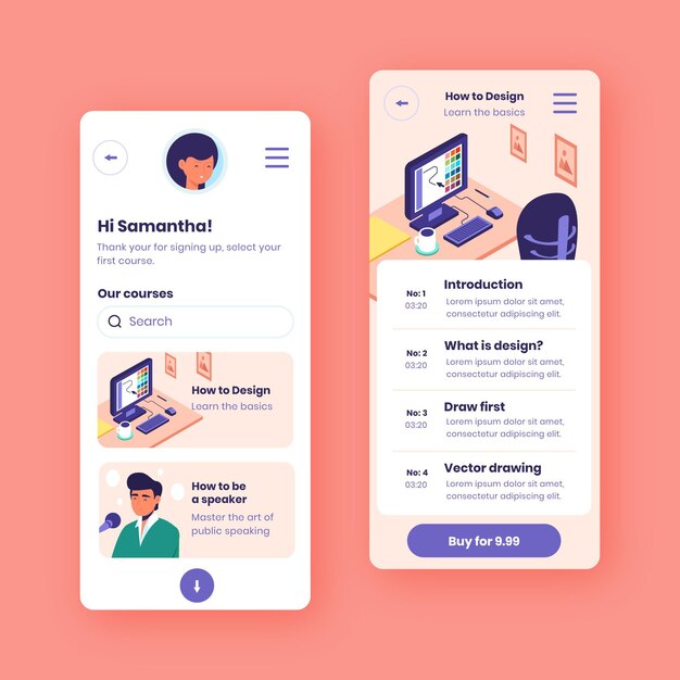 Colección de aplicaciones de cursos de diseño plano