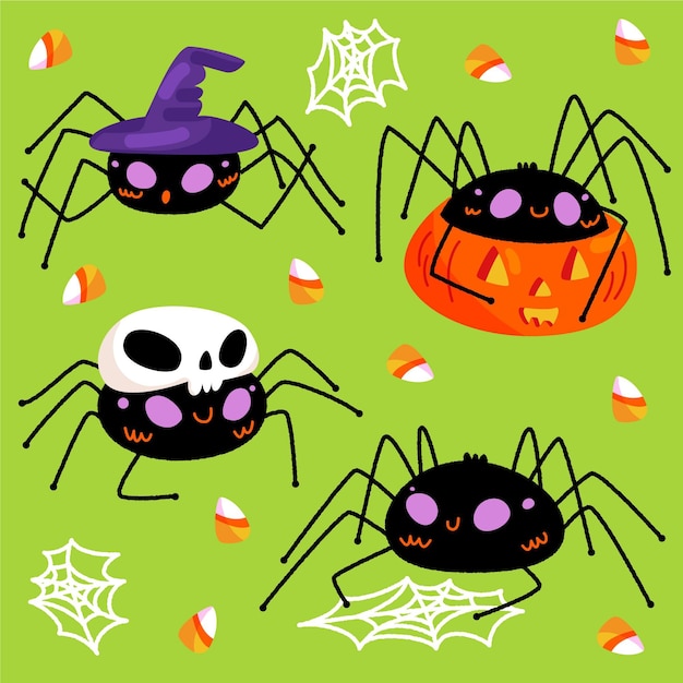 Vector gratuito colección de arañas de halloween planas
