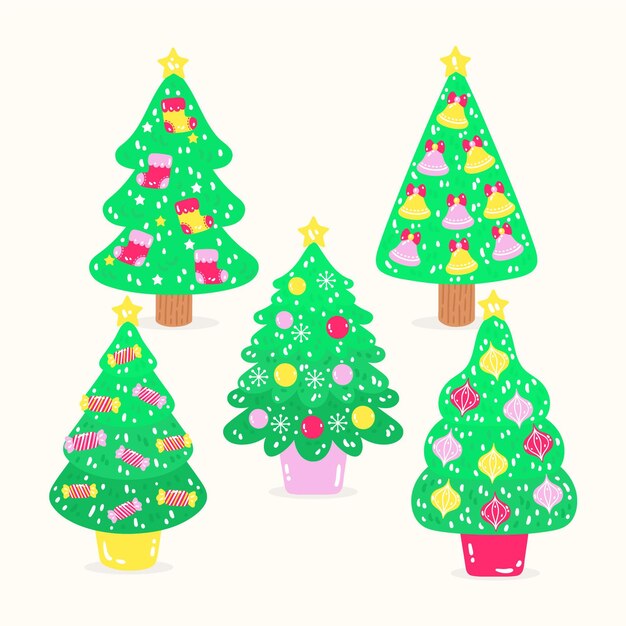 Colección arbol de navidad dibujado a mano