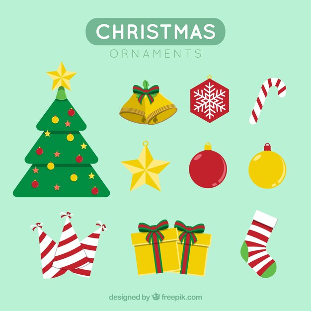 Colección de árbol de navidad y ornamentos en diseño plano 
