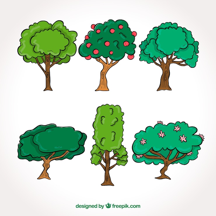 Vector gratuito colección de árboles en estilo hecho a mano