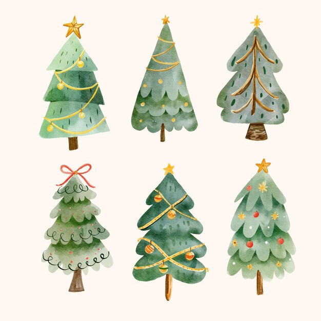 Colección de árboles de navidad en acuarela