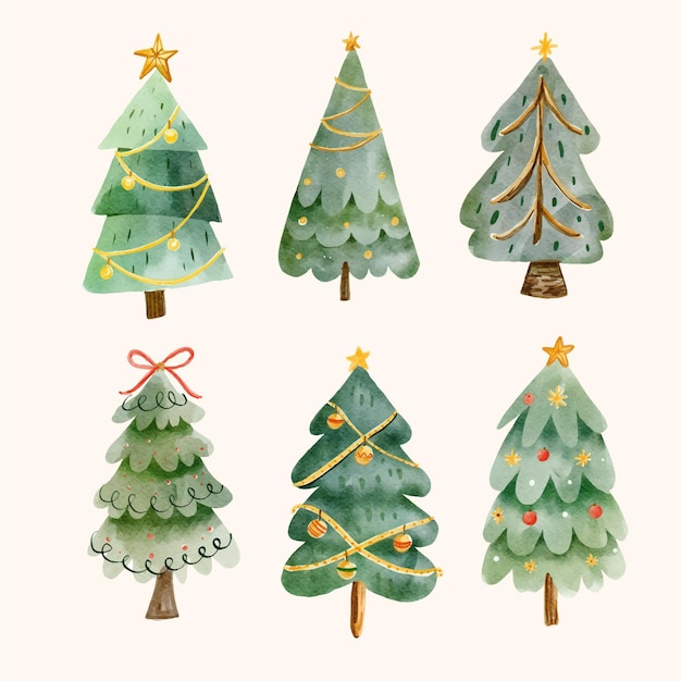 Colección de árboles de navidad en acuarela