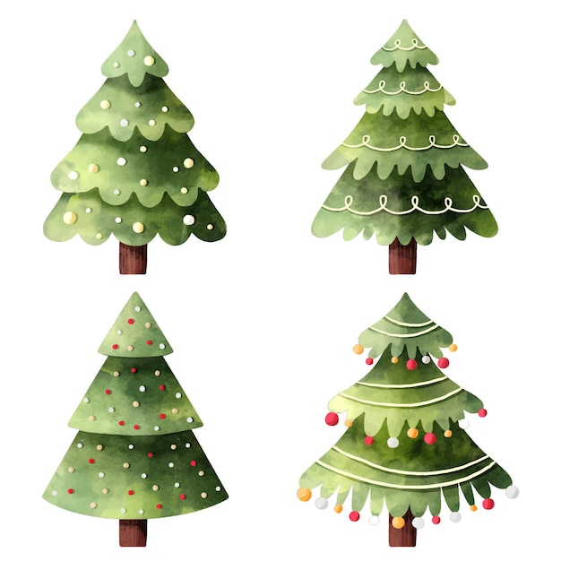 Colección de árboles de navidad en acuarela