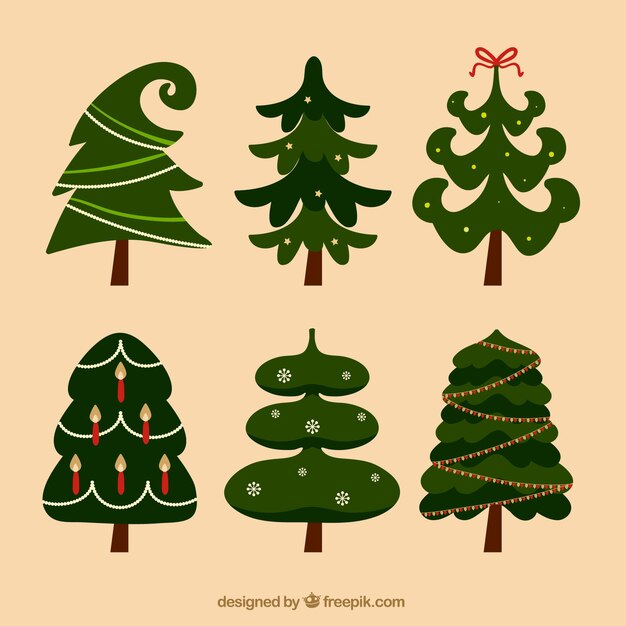 Vector gratuito colección de árboles de navidad de color verde oscuro en formas deferentes