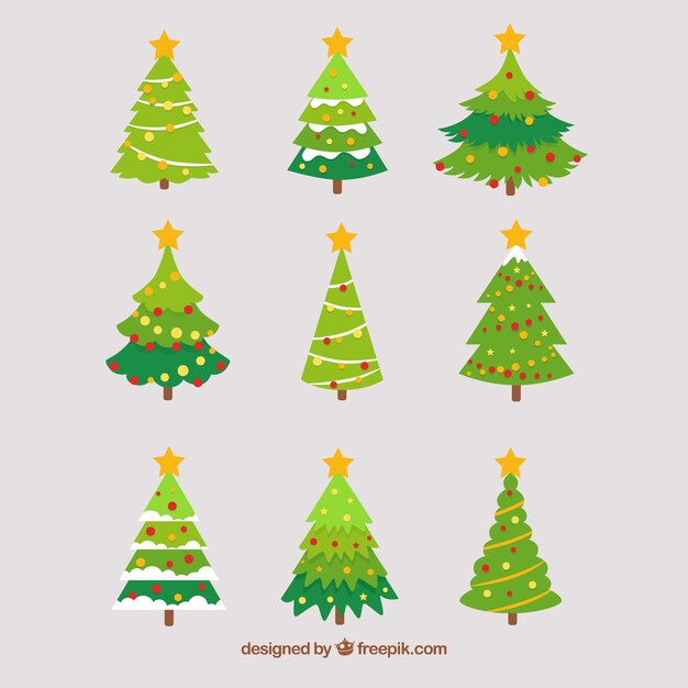 Colección de árboles de navidad con decoración 
