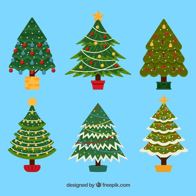 Colección de árboles de navidad decorados