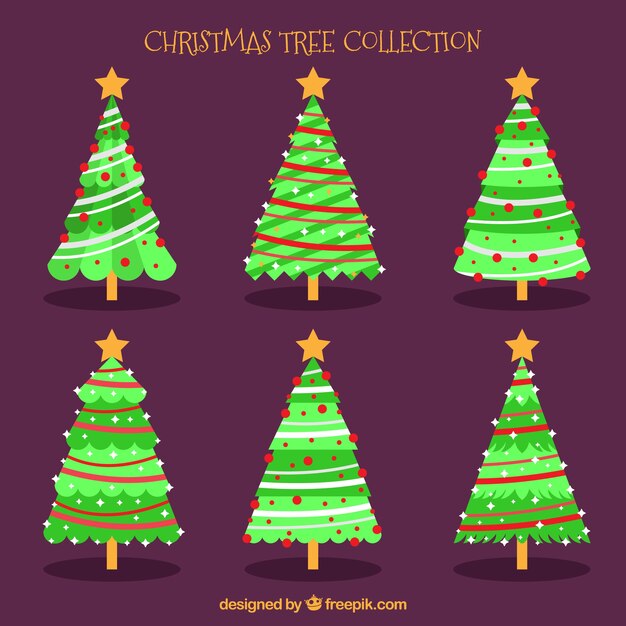 Colección de árboles de navidad con detalles en rojo