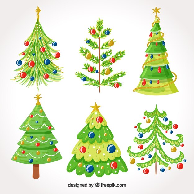 Colección de árboles de navidad dibujados a mano con bonita decoración 