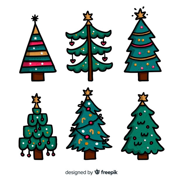 Colección de árboles de Navidad dibujados a mano sobre fondo blanco.