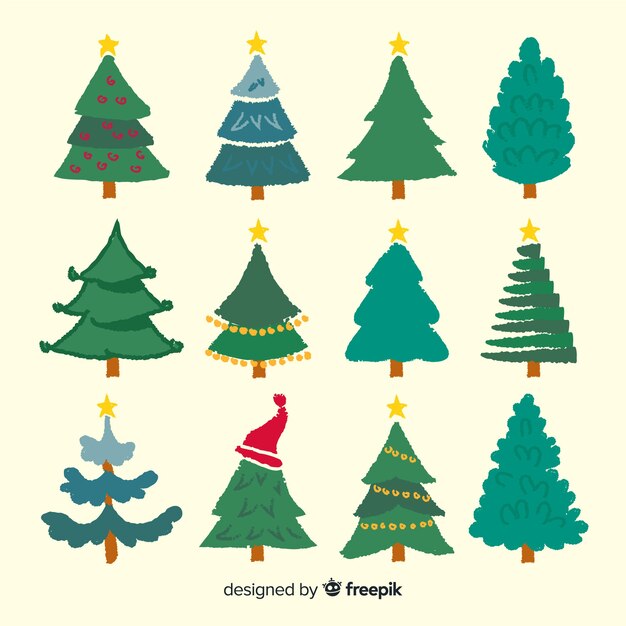 Colección de árboles de navidad dibujados a mano