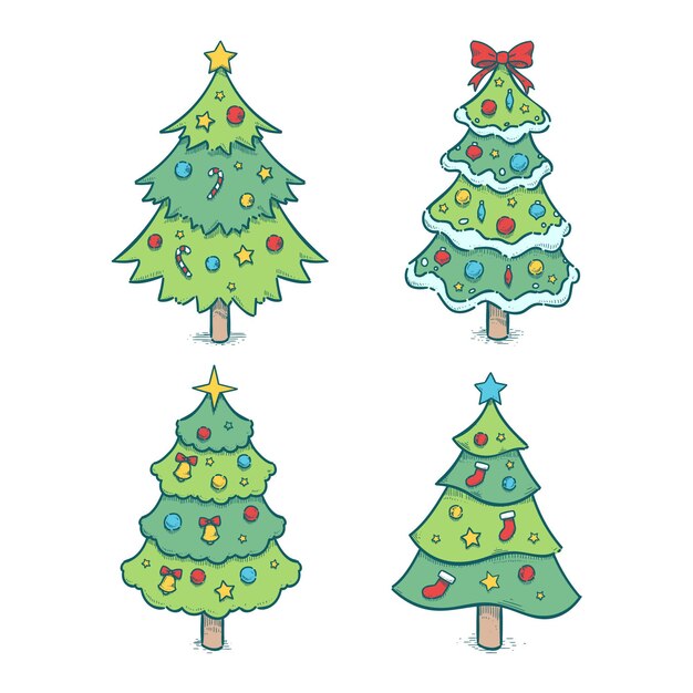 Colección arboles de navidad dibujados a mano