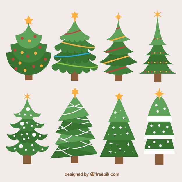 Colección de árboles de navidad en diseño plano 