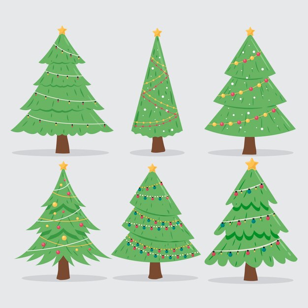 Colección arboles de navidad planos dibujados a mano