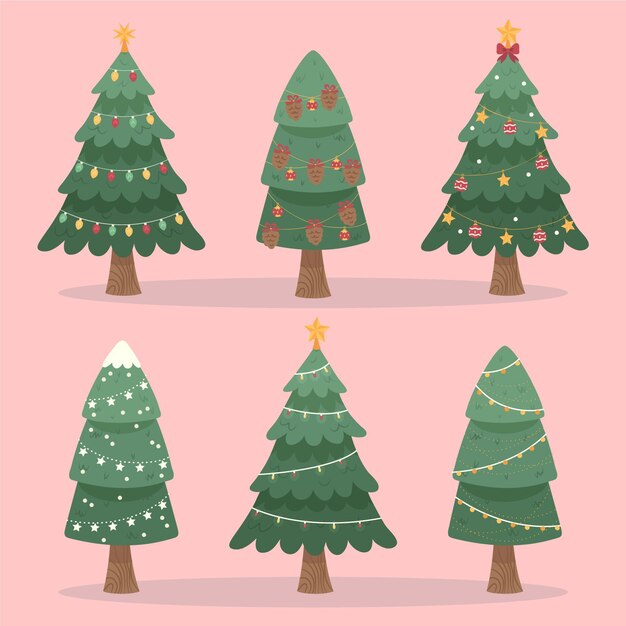 Colección arboles de navidad planos dibujados a mano