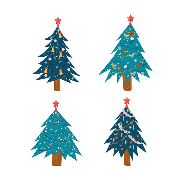 Colección arboles de navidad planos dibujados a mano