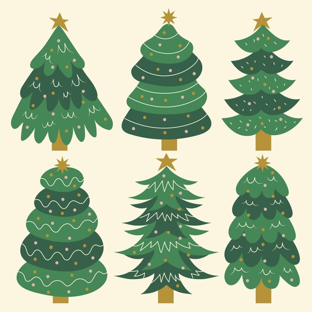Colección arboles de navidad planos dibujados a mano