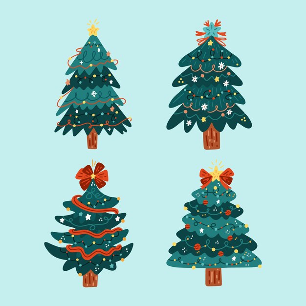 Colección arboles de navidad planos dibujados a mano