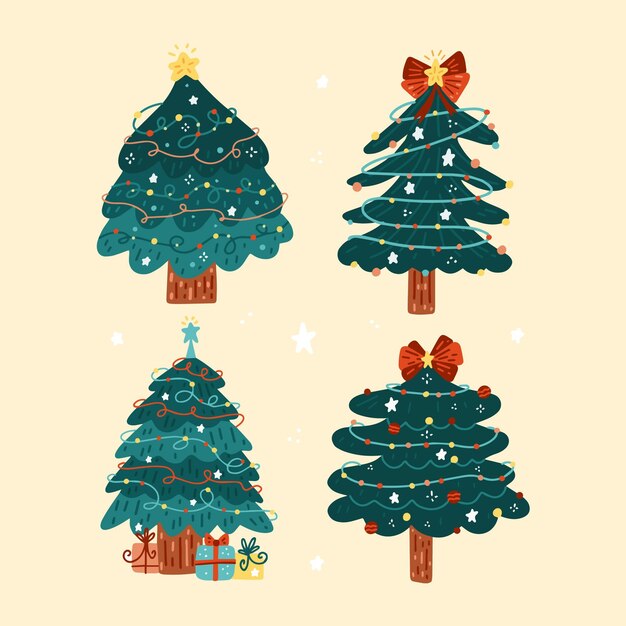 Colección arboles de navidad planos dibujados a mano