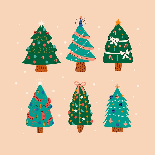 Colección arboles de navidad planos dibujados a mano