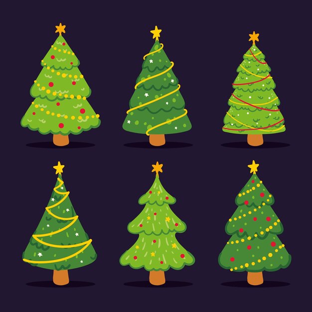 Colección arboles de navidad planos dibujados a mano