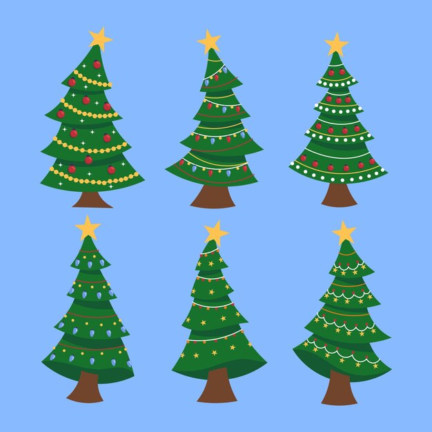 Colección arboles de navidad planos dibujados a mano