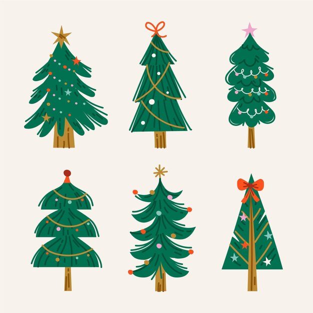 Colección arboles de navidad planos dibujados a mano