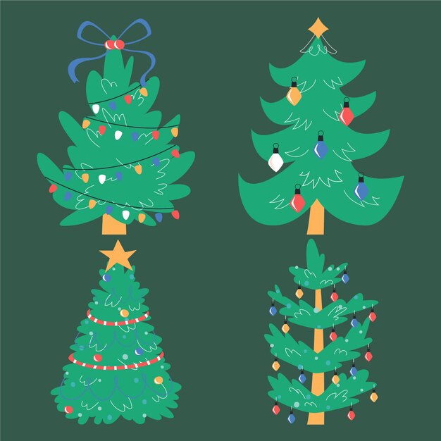 Colección arboles de navidad planos dibujados a mano