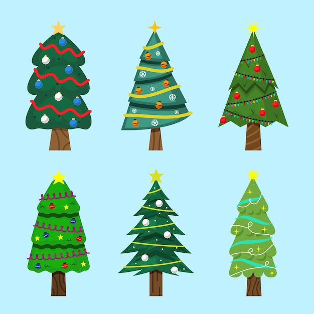 Colección arboles de navidad planos dibujados a mano