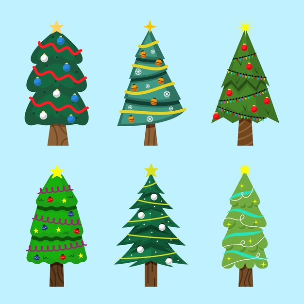 Colección arboles de navidad planos dibujados a mano