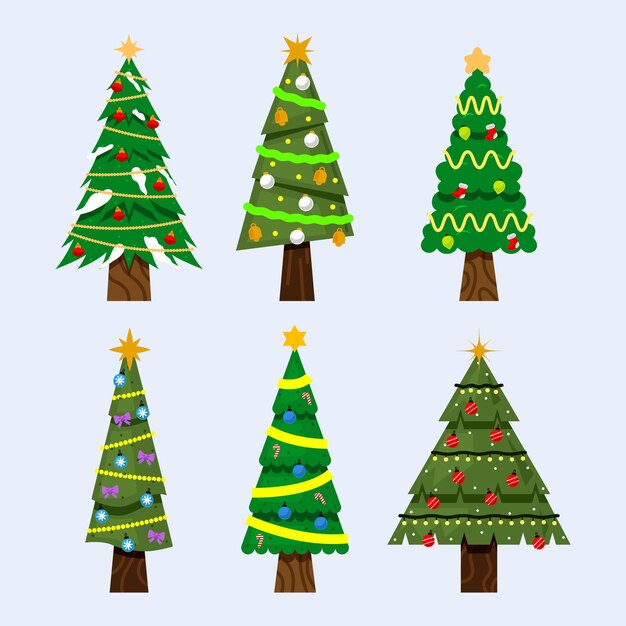Colección arboles de navidad planos dibujados a mano