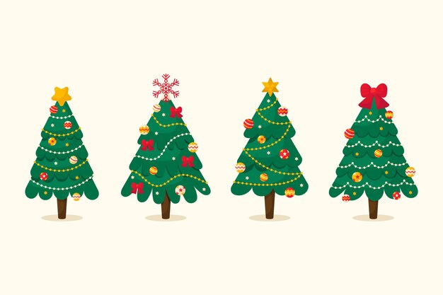 Colección arboles de navidad planos dibujados a mano