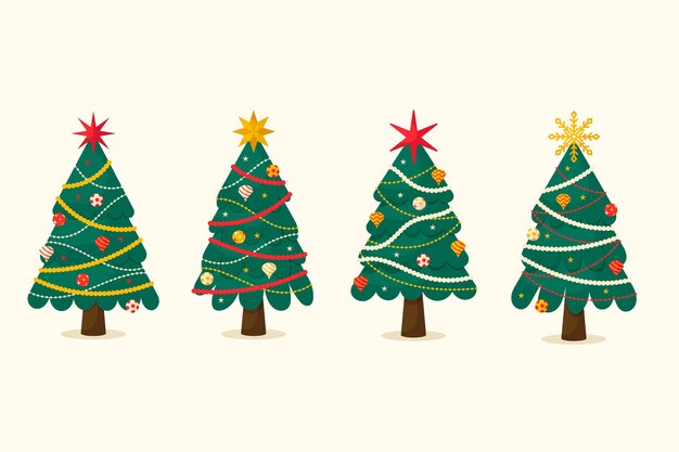 Colección arboles de navidad planos dibujados a mano